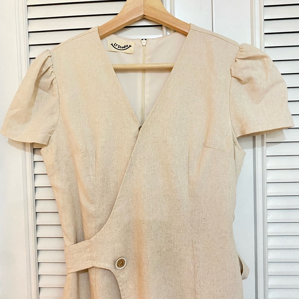 L T Studio Cream Linen Midi Wrap Dress Puff Sleeve XS Cottagecore Boho